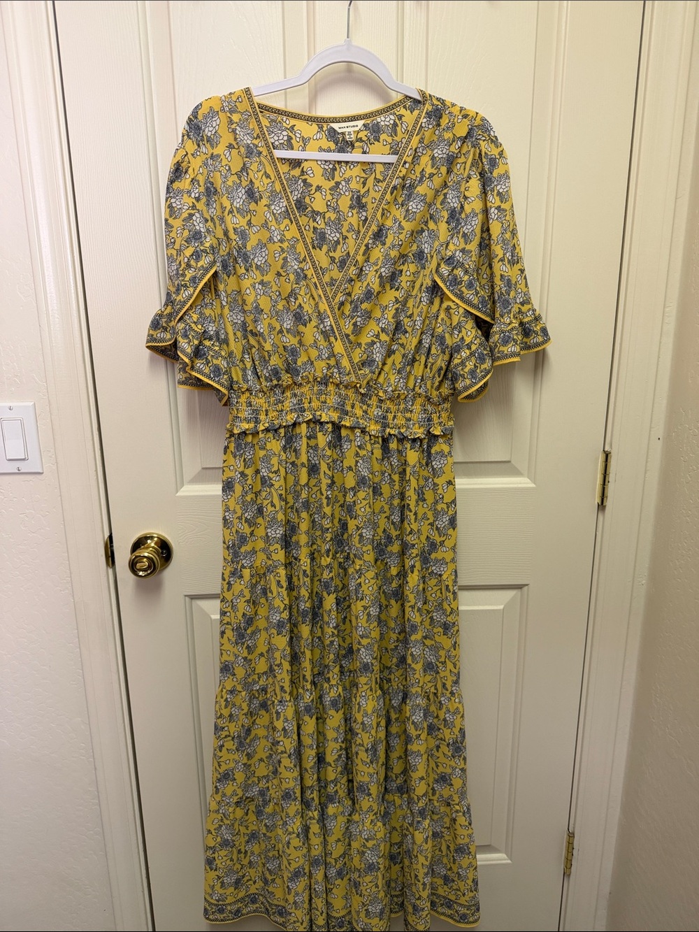 Max Studio Yellow Floral Wrap Maxi Dress with Smocked Waist